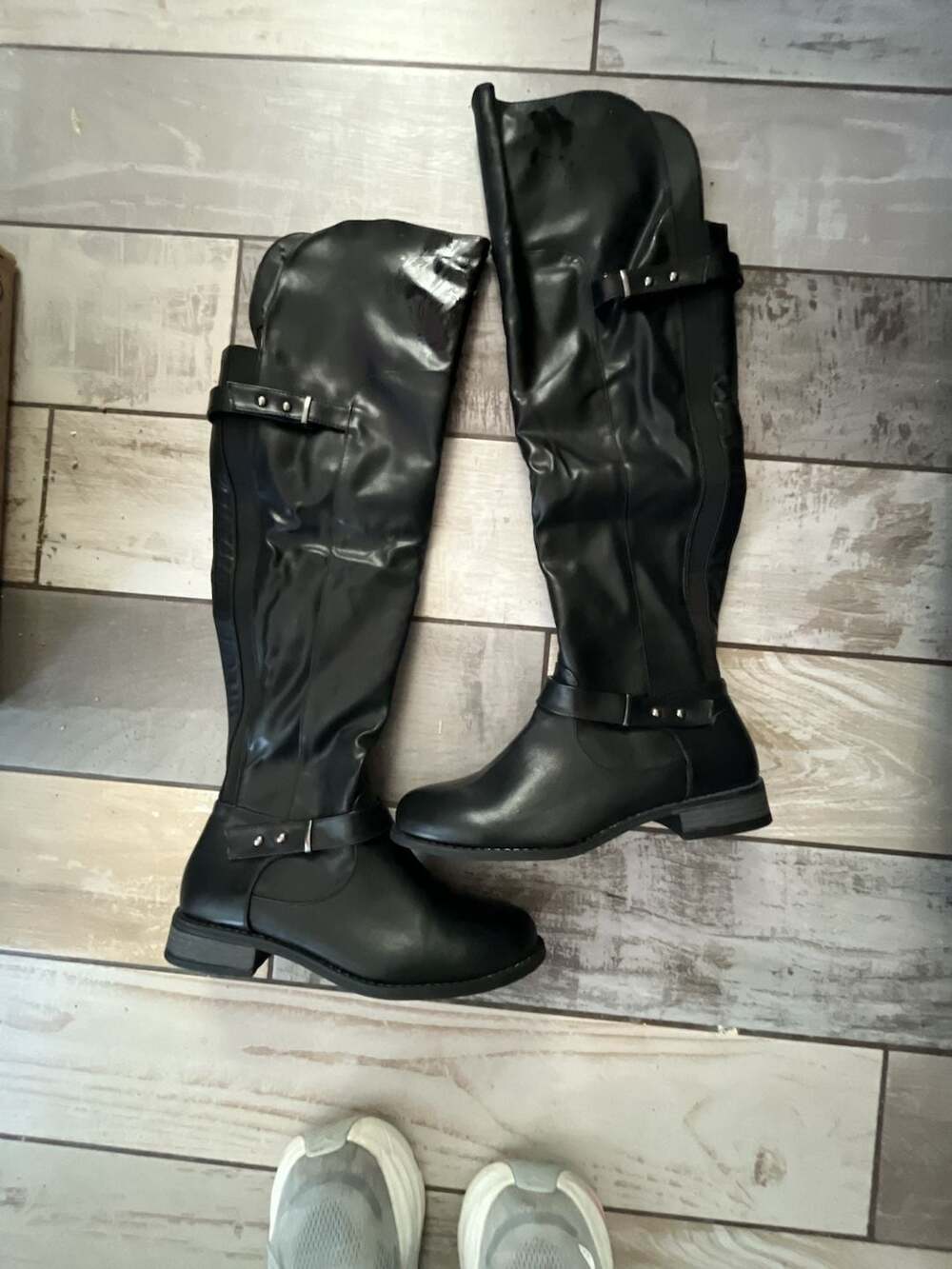 Black Over-the-Knee Riding Boots with Buckle Straps and Side Zippers